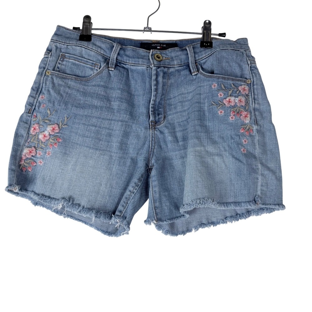 Tommy Hilfiger Jeans Women's Denim Shorts Size 4 Embroidered Floral Frayed‎ Hem
